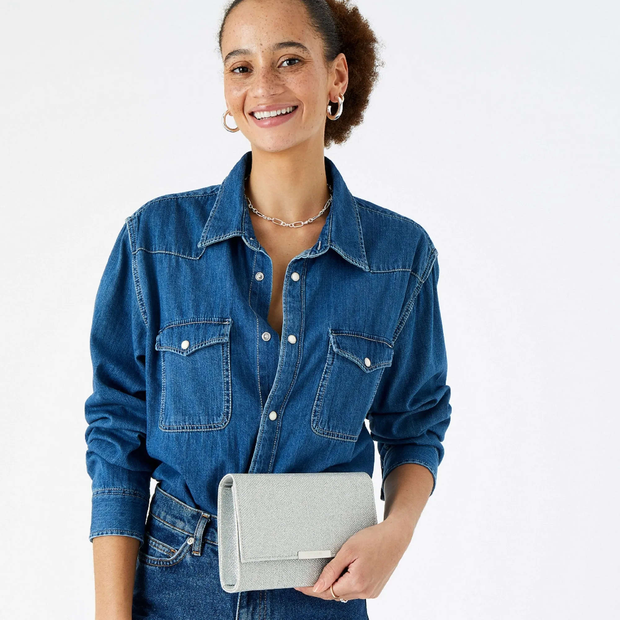 Accessorize London Women's Faux Leather Silver Lurex Box Clutch Party bag