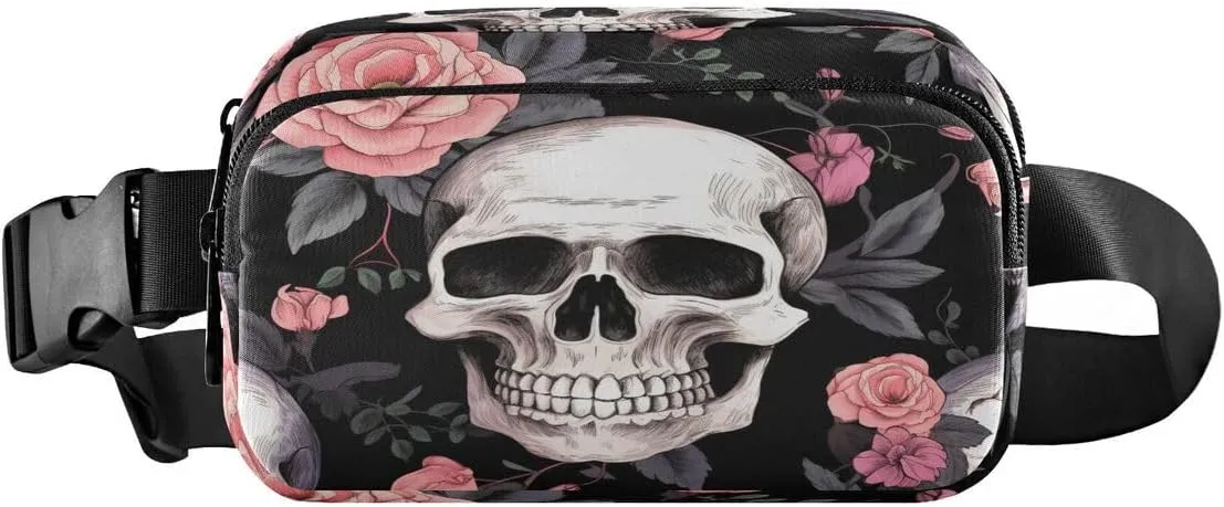 ALAZA Sugar Skull Rose Flower Leaves Waist Packs Spot Belt Bag Crossbody Bag Fanny Pack Pouch for Men Women Hiking Running Cycling Traveling