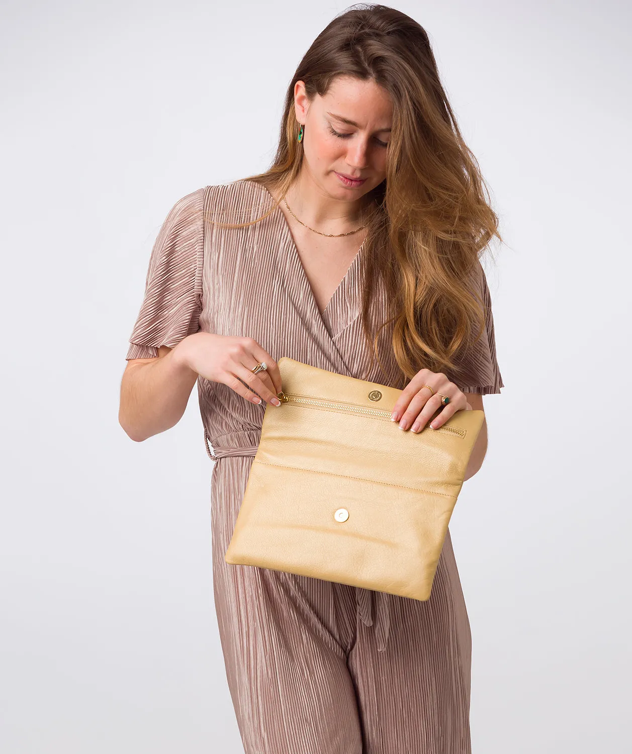 'Amelia' Metallic Gold Leather Clutch Bag