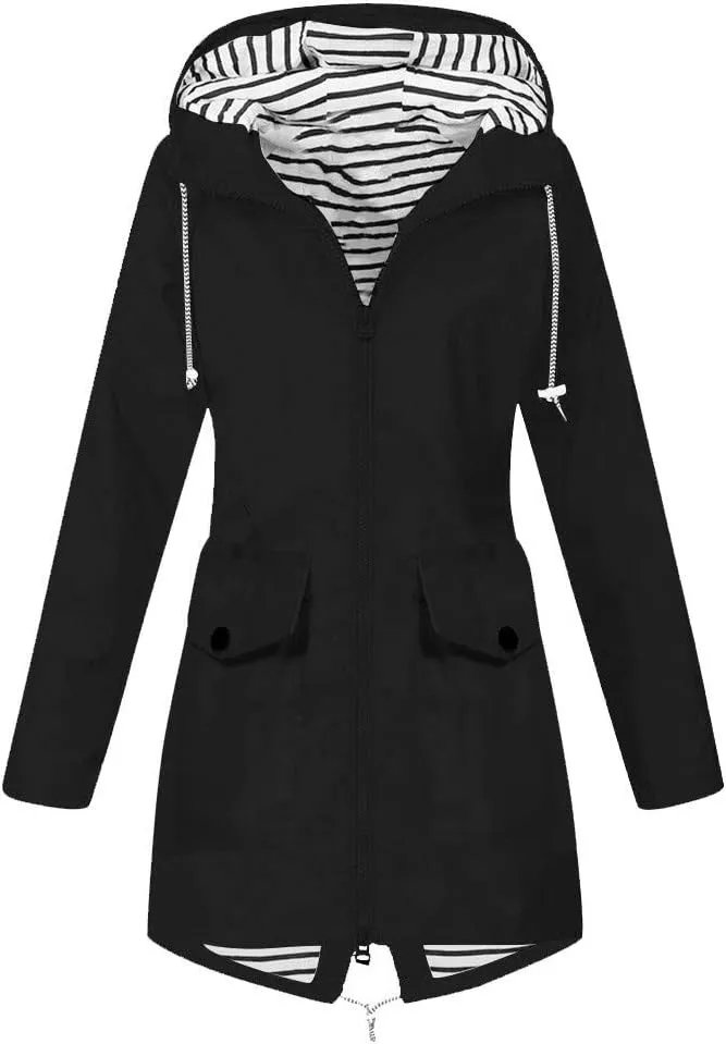 Aniywn Hooded Jacket Women Fall Solid Rain Jacket Outdoor Raincoat Windproof Plus Size Zipper Waterproof Outerwear Tops