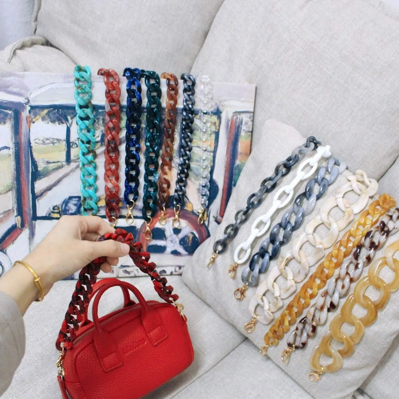 AUMEY 18 inch Oval Acrylic Chain and Clear Hand Bag Chain Set with Buckles