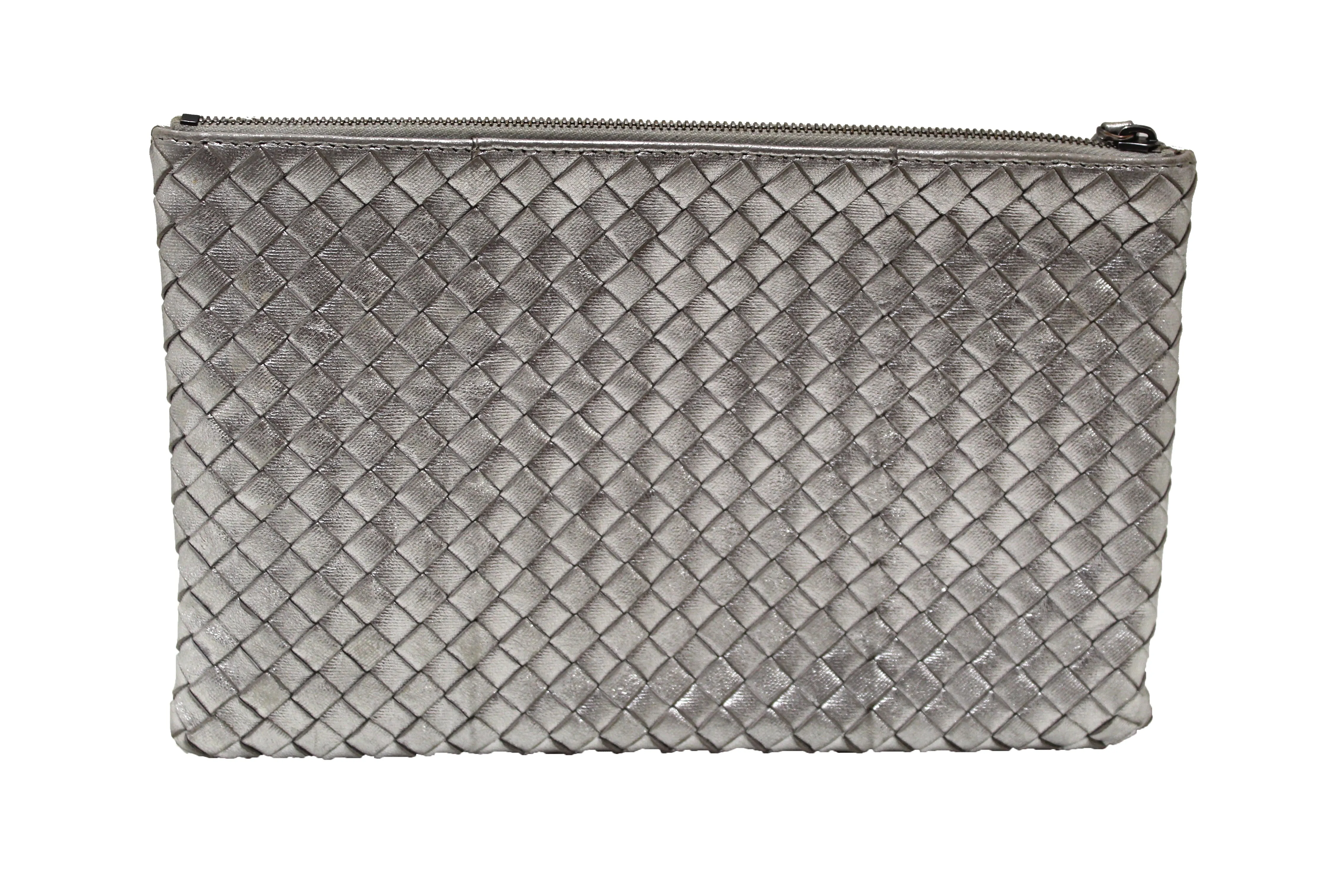 Authentic Bottega Veneta Intrecciato Woven Metallic Shiny Napa Pouch Bag