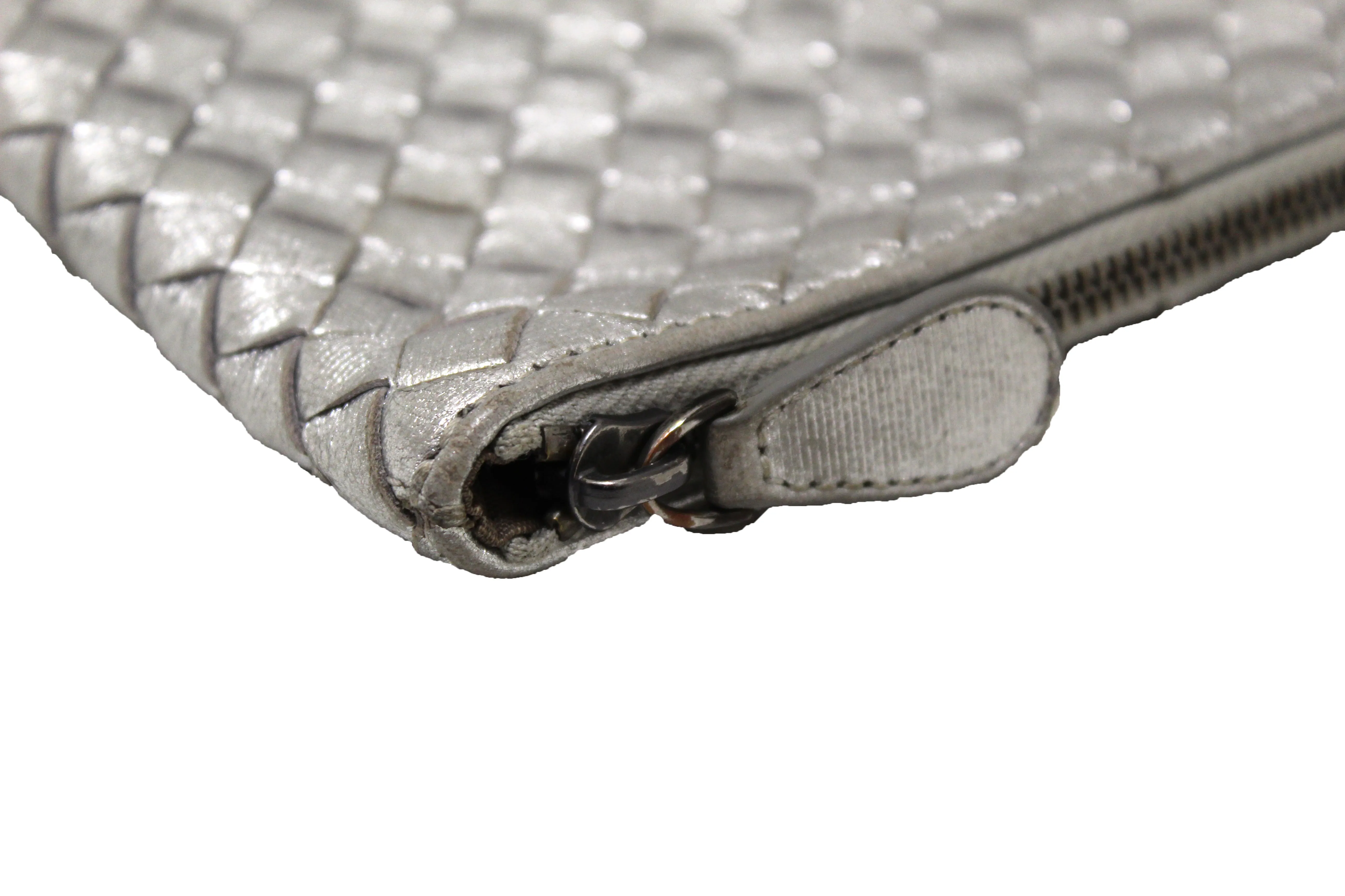 Authentic Bottega Veneta Intrecciato Woven Metallic Shiny Napa Pouch Bag