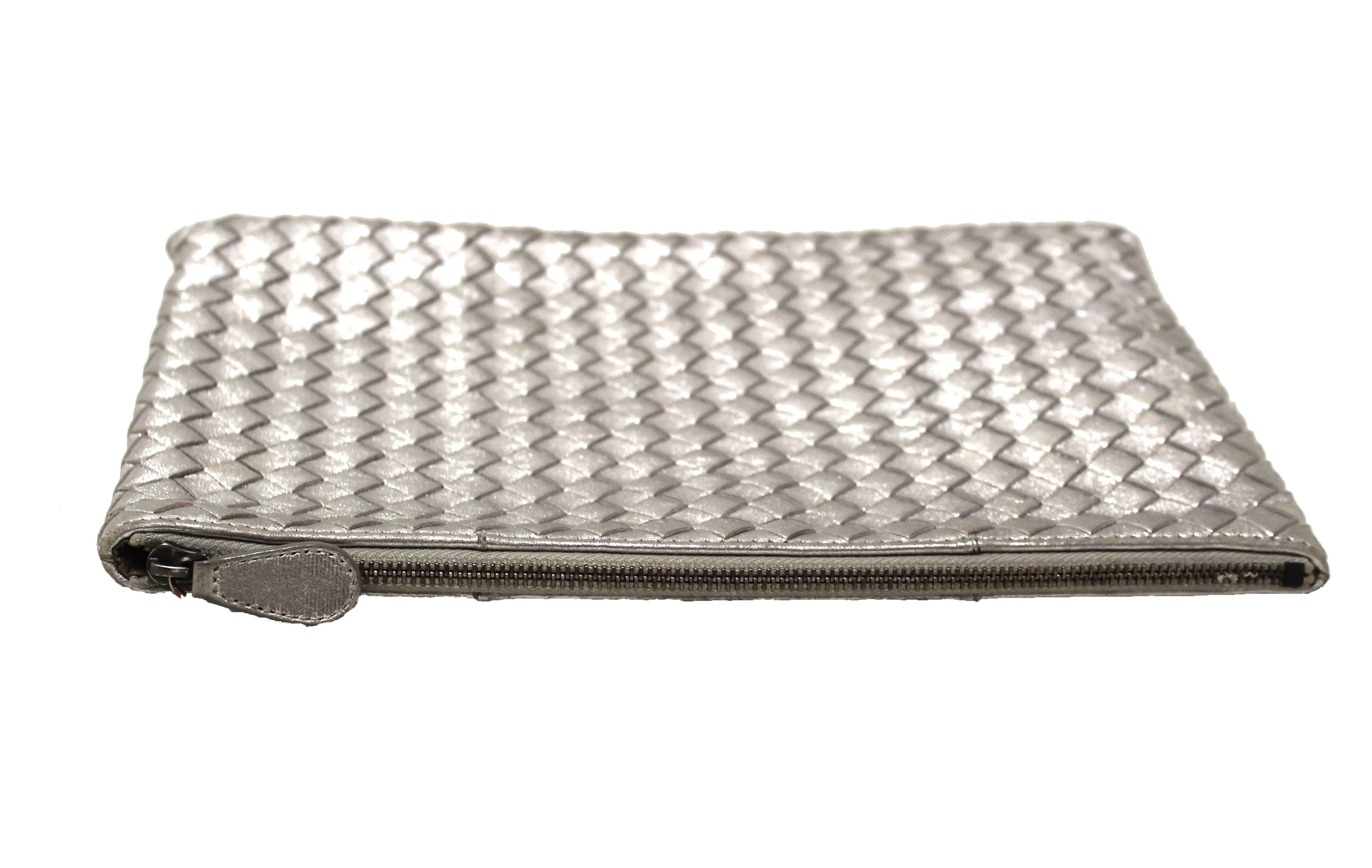 Authentic Bottega Veneta Intrecciato Woven Metallic Shiny Napa Pouch Bag