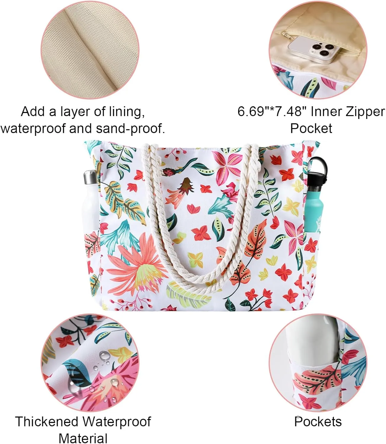 Beach Bags for Women - Large Beach Tote Bag Waterproof Sandproof with Zipper, Swiming Pool Bag Large Tote