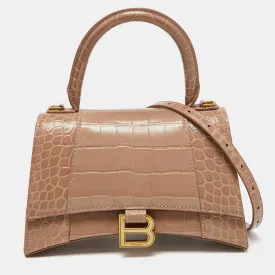 Beige Croc Embossed Leather Small Hourglass Top Handle Bag