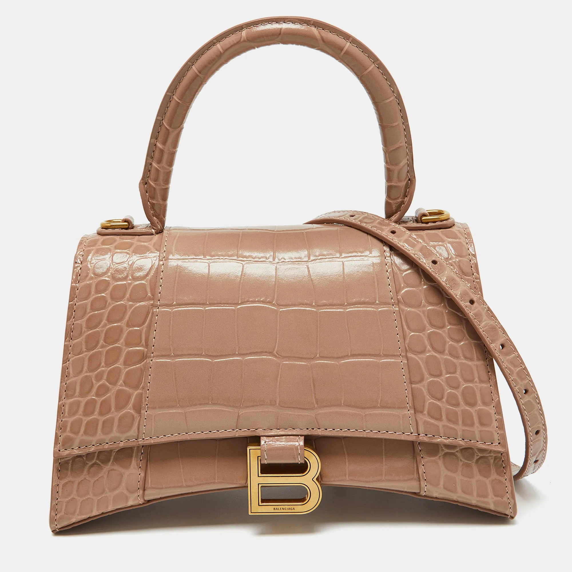 Beige Croc Embossed Leather Small Hourglass Top Handle Bag