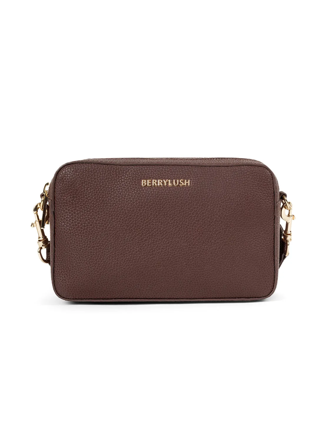 Berrylush Women Brown Textured Pattern Synthetic Leather Detachable Strap Logo Embellished Sling Bag