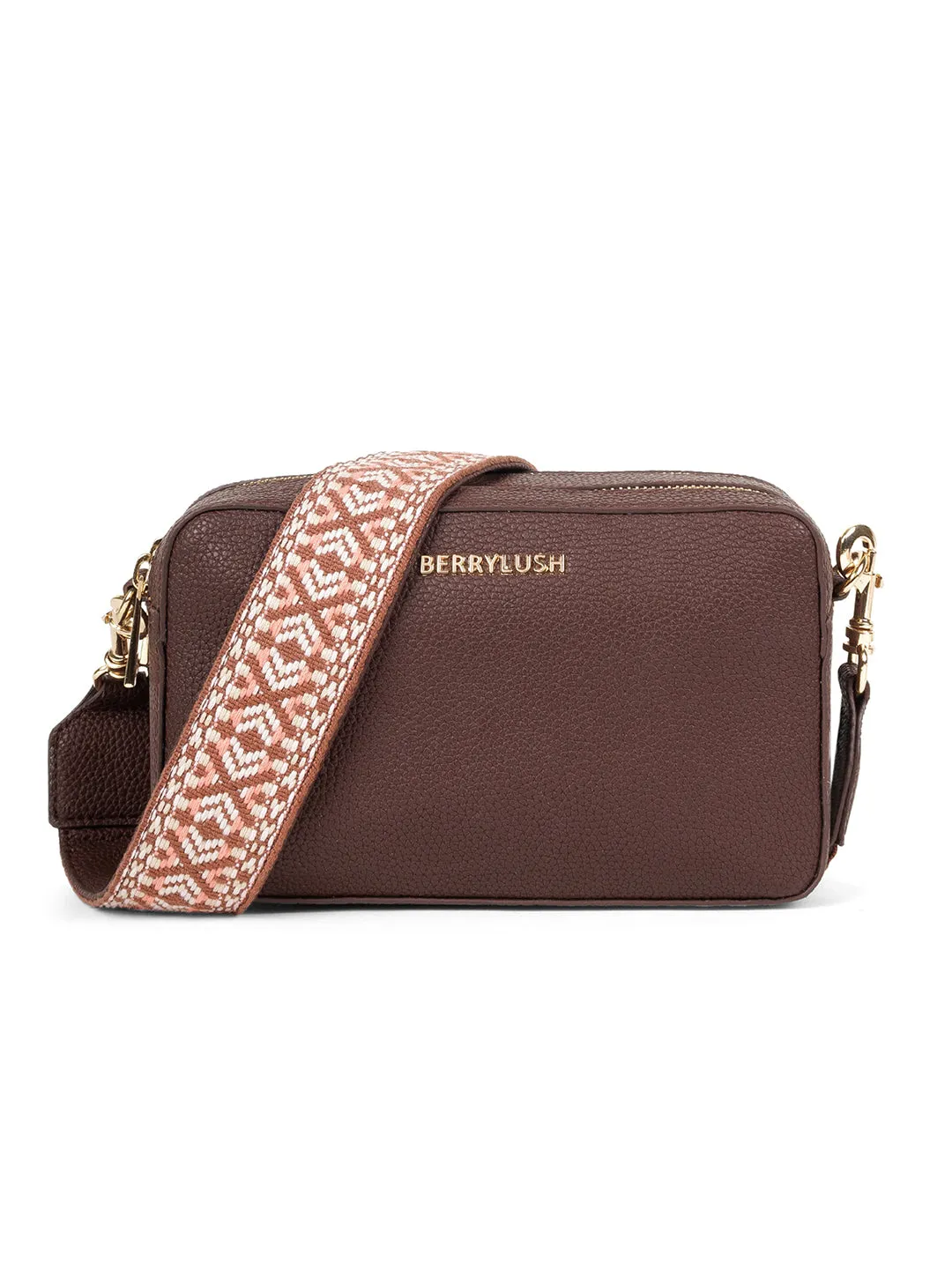 Berrylush Women Brown Textured Pattern Synthetic Leather Detachable Strap Logo Embellished Sling Bag