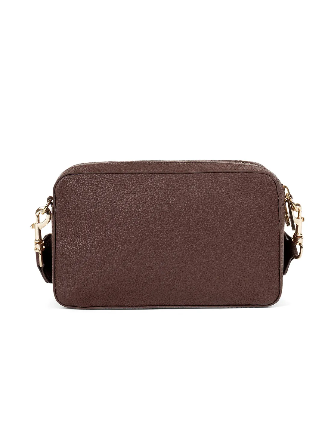 Berrylush Women Brown Textured Pattern Synthetic Leather Detachable Strap Logo Embellished Sling Bag