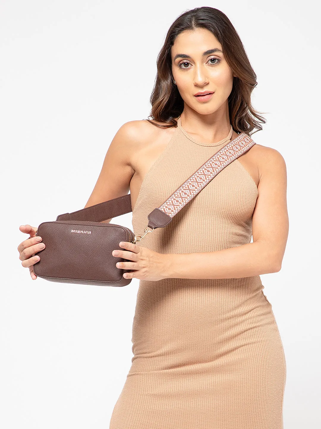 Berrylush Women Brown Textured Pattern Synthetic Leather Detachable Strap Logo Embellished Sling Bag