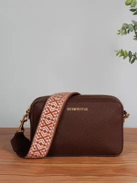 Berrylush Women Brown Textured Pattern Synthetic Leather Detachable Strap Logo Embellished Sling Bag