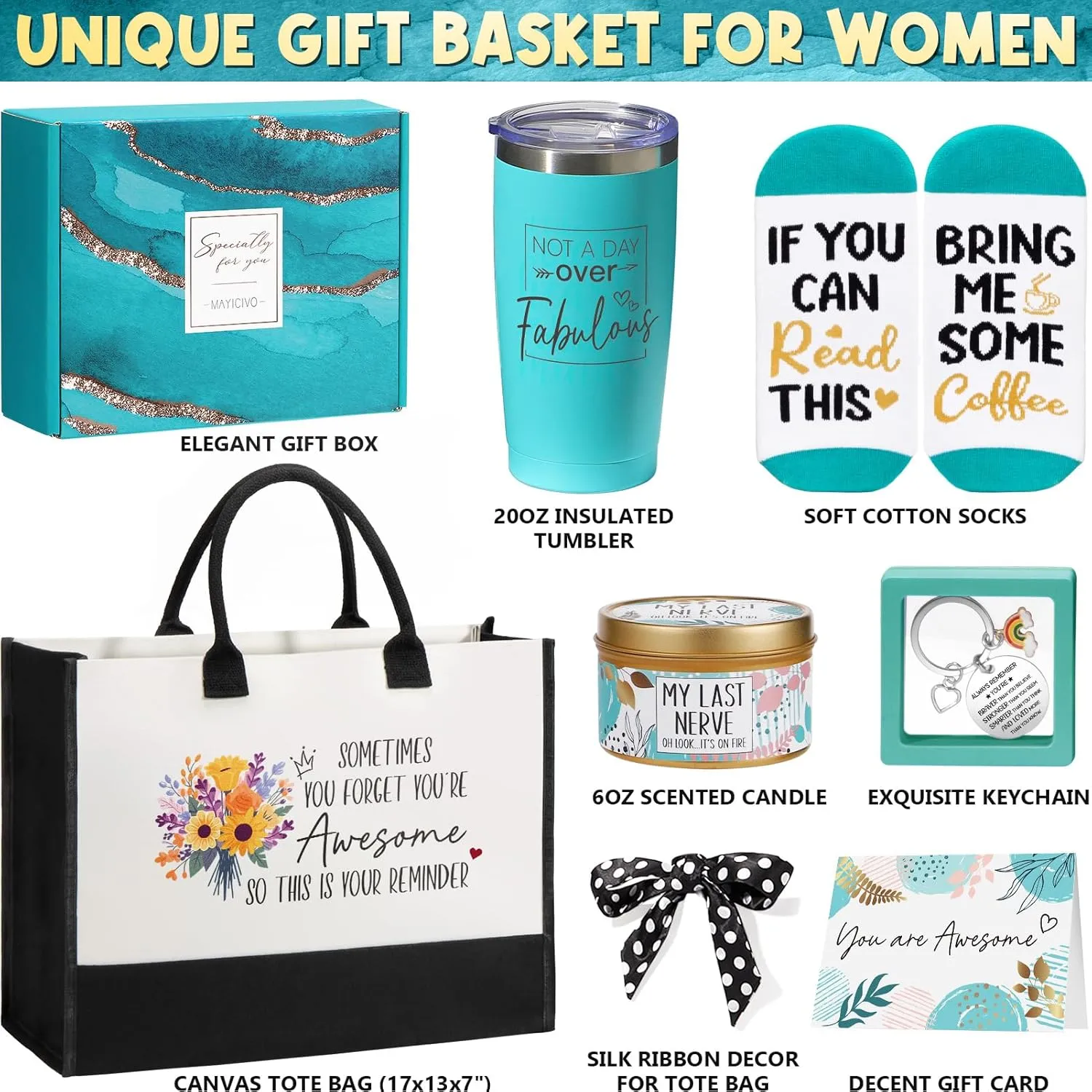 Birthday Gifts for Women Friendship, Inspirational Self Care Gifts Basket for Women Thank You Gifts, Unique Mothers Day Gifts for Mom Her Best Friend Sister Coworker Nurse Teacher w/Canvas Tote Bag