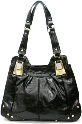 Black Brass Golden Metal Studs Rhinestone L Pockets Satchel Bag Handbag Purse