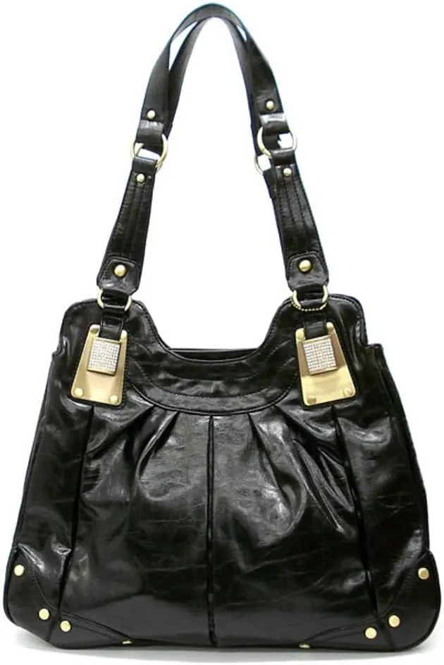 Black Brass Golden Metal Studs Rhinestone L Pockets Satchel Bag Handbag Purse