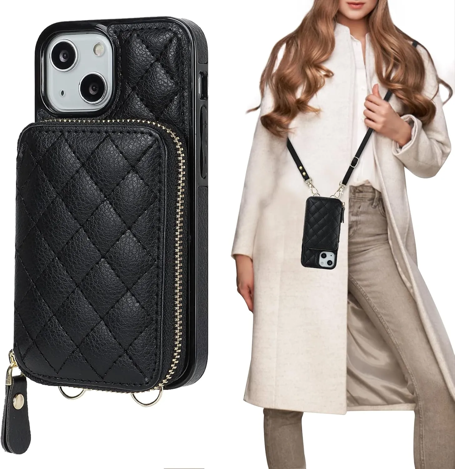 Bocasal Crossbody Wallet Case for iPhone 13 Mini, RFID Blocking PU Leather Zipper Handbag Purse Flip Cover, Kickstand Folio Case with Card Slots Holder Wrist Strap Lanyard 5G 5.4 Inch (Black)