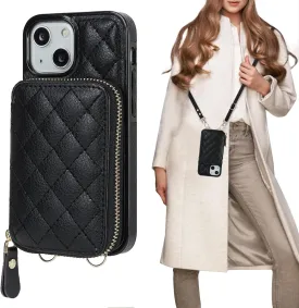Bocasal Crossbody Wallet Case for iPhone 13 Mini, RFID Blocking PU Leather Zipper Handbag Purse Flip Cover, Kickstand Folio Case with Card Slots Holder Wrist Strap Lanyard 5G 5.4 Inch (Black)