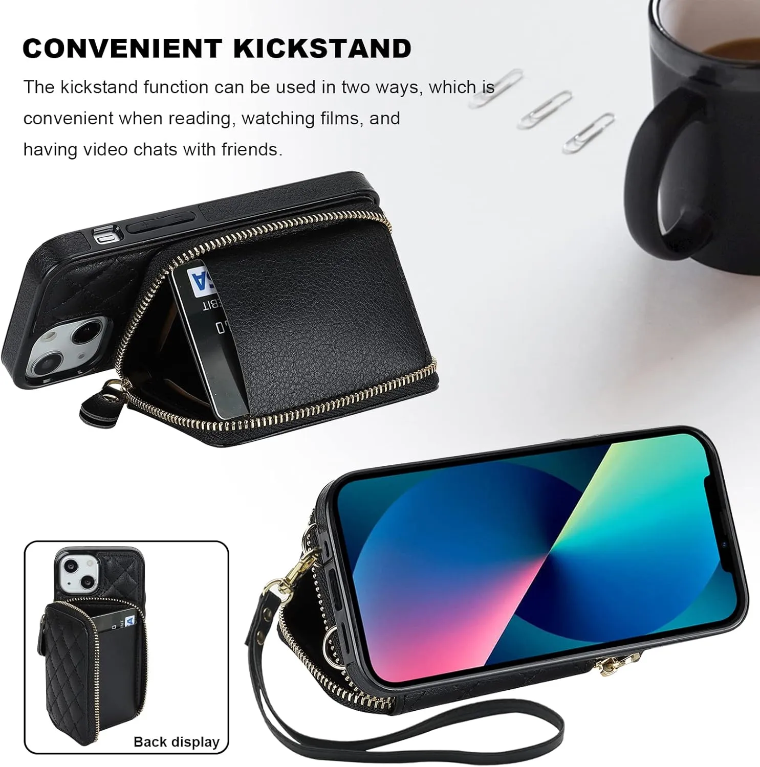 Bocasal Crossbody Wallet Case for iPhone 13 Mini, RFID Blocking PU Leather Zipper Handbag Purse Flip Cover, Kickstand Folio Case with Card Slots Holder Wrist Strap Lanyard 5G 5.4 Inch (Black)