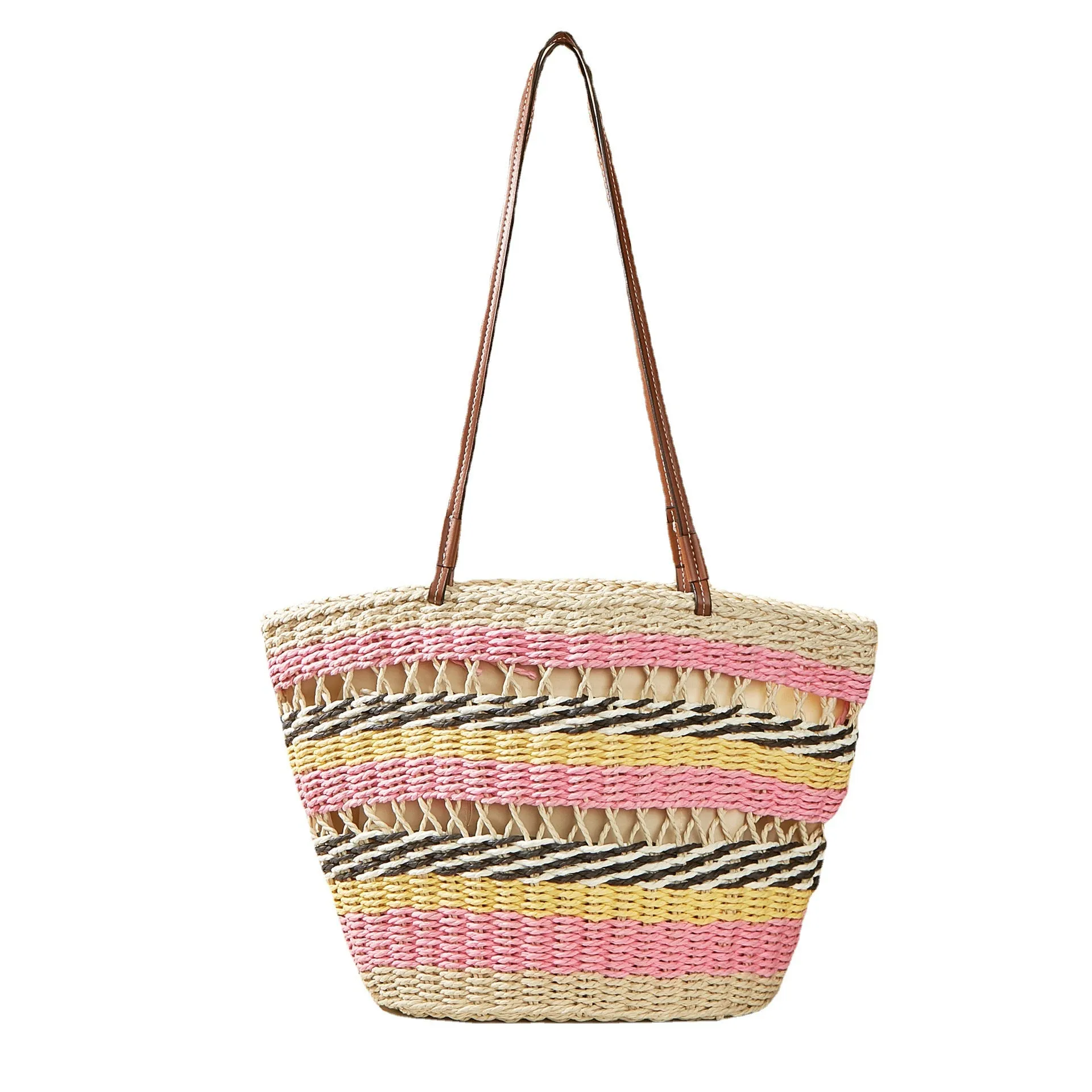 Boho Straw Bag with Contrast Stripes