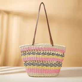 Boho Straw Bag with Contrast Stripes