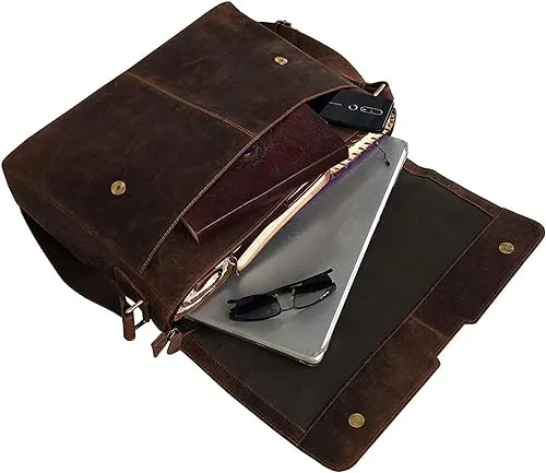 Classic Elegance: 18-Inch Vintage Leather Full Flap Messenger Laptop Bag - Vintage Leather Messenger bag - Retro Themed Messenger bag
