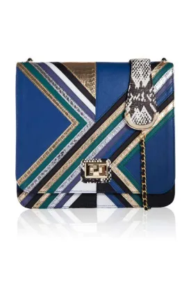 CROSS BODY GRAPHIC SATCHEL BAG IN BLUE LEATHER