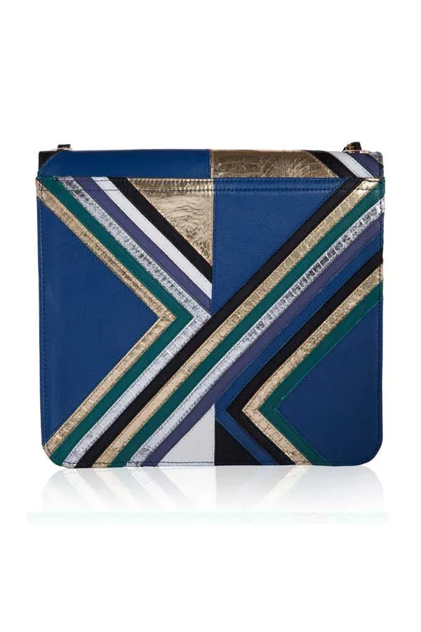 CROSS BODY GRAPHIC SATCHEL BAG IN BLUE LEATHER