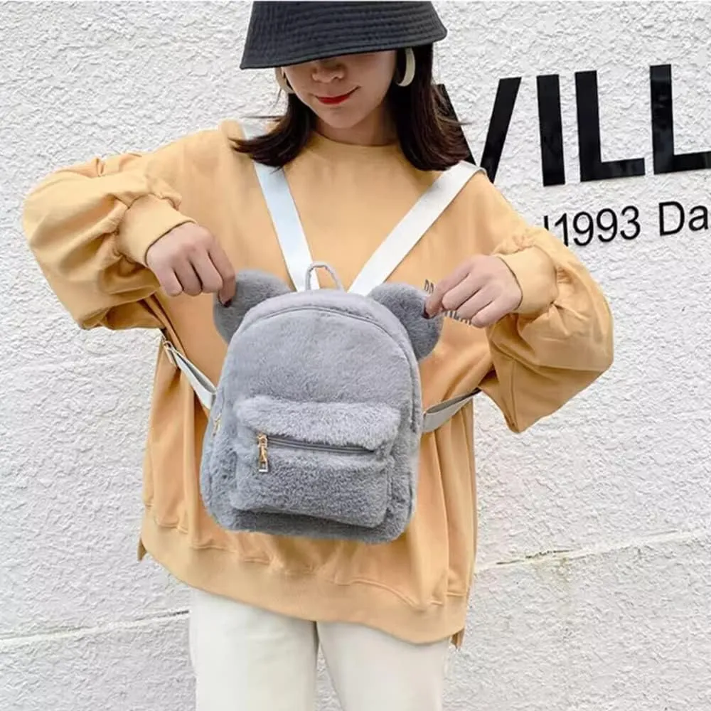Cute Fuzzy Bear Ears Backpack Kawaii Soft Fluffy Casual Daypack Mini Shoulder Bag Purse for Girls (Grey)