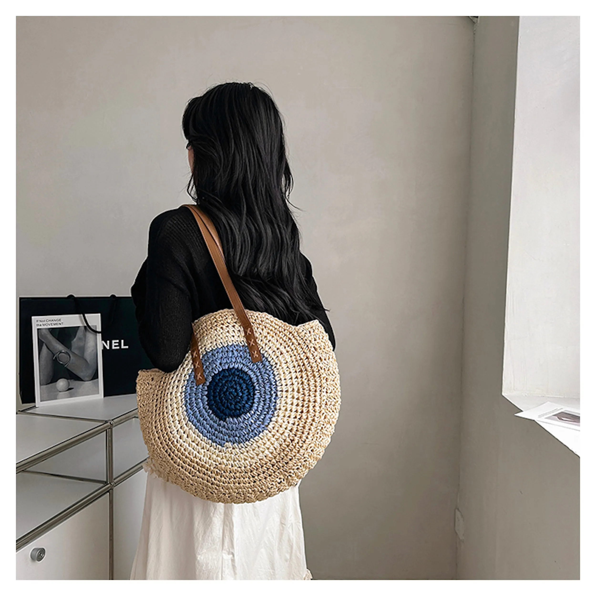 Elena Handbags Boho Round Beach Straw Tote