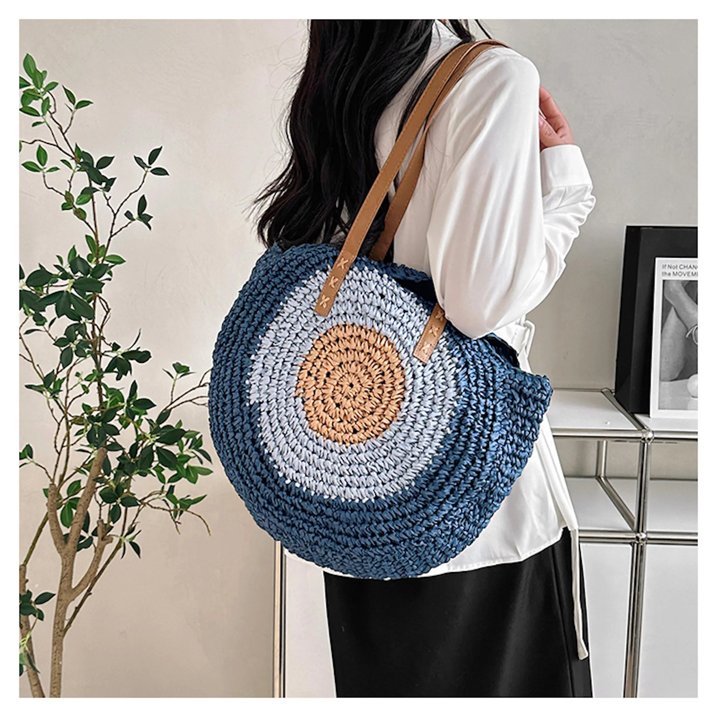 Elena Handbags Boho Round Beach Straw Tote