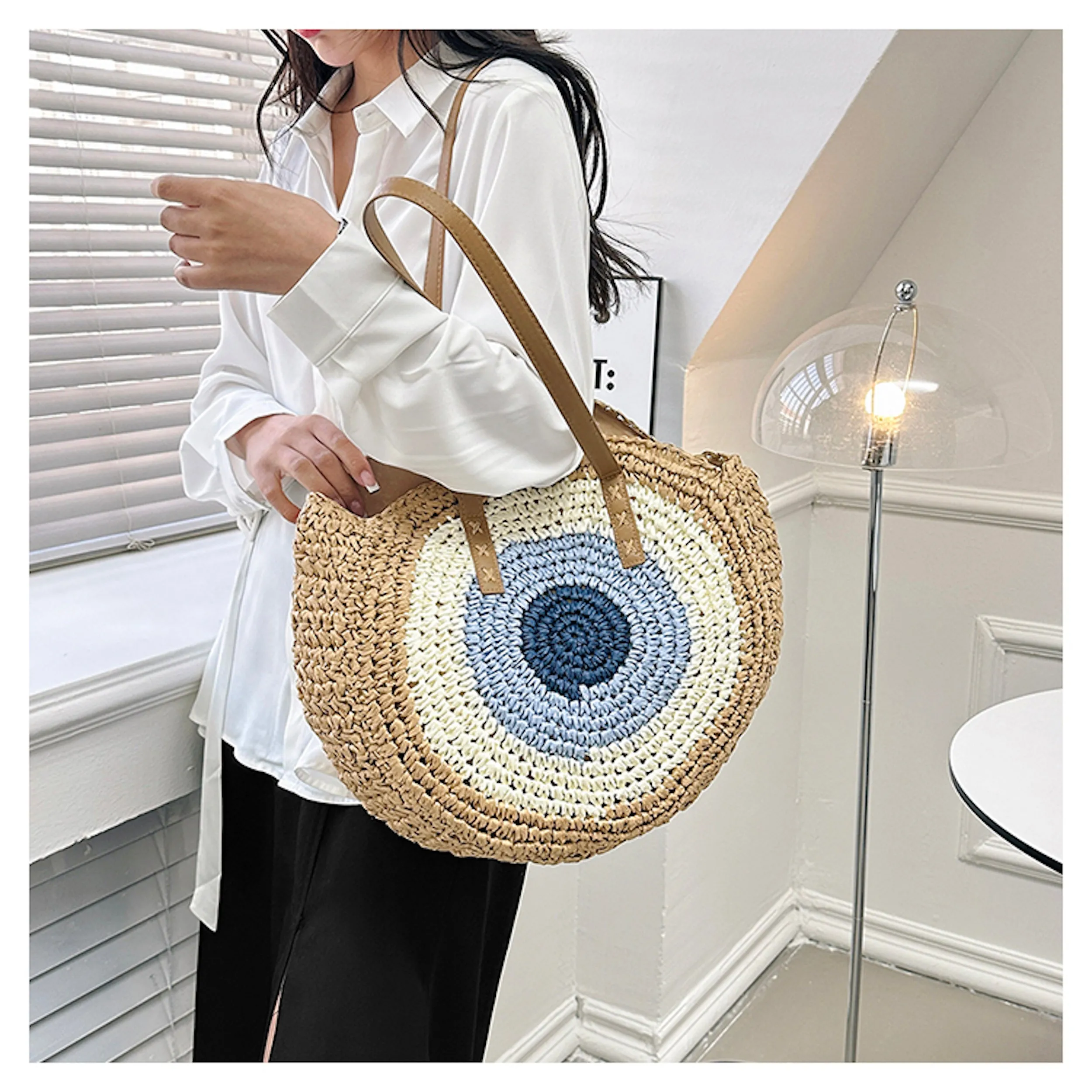 Elena Handbags Boho Round Beach Straw Tote