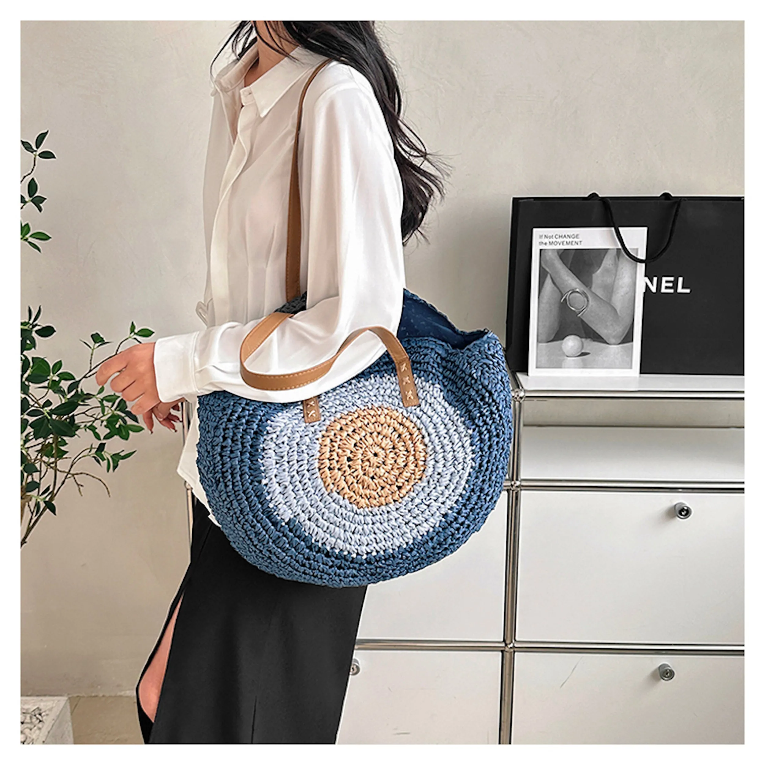 Elena Handbags Boho Round Beach Straw Tote