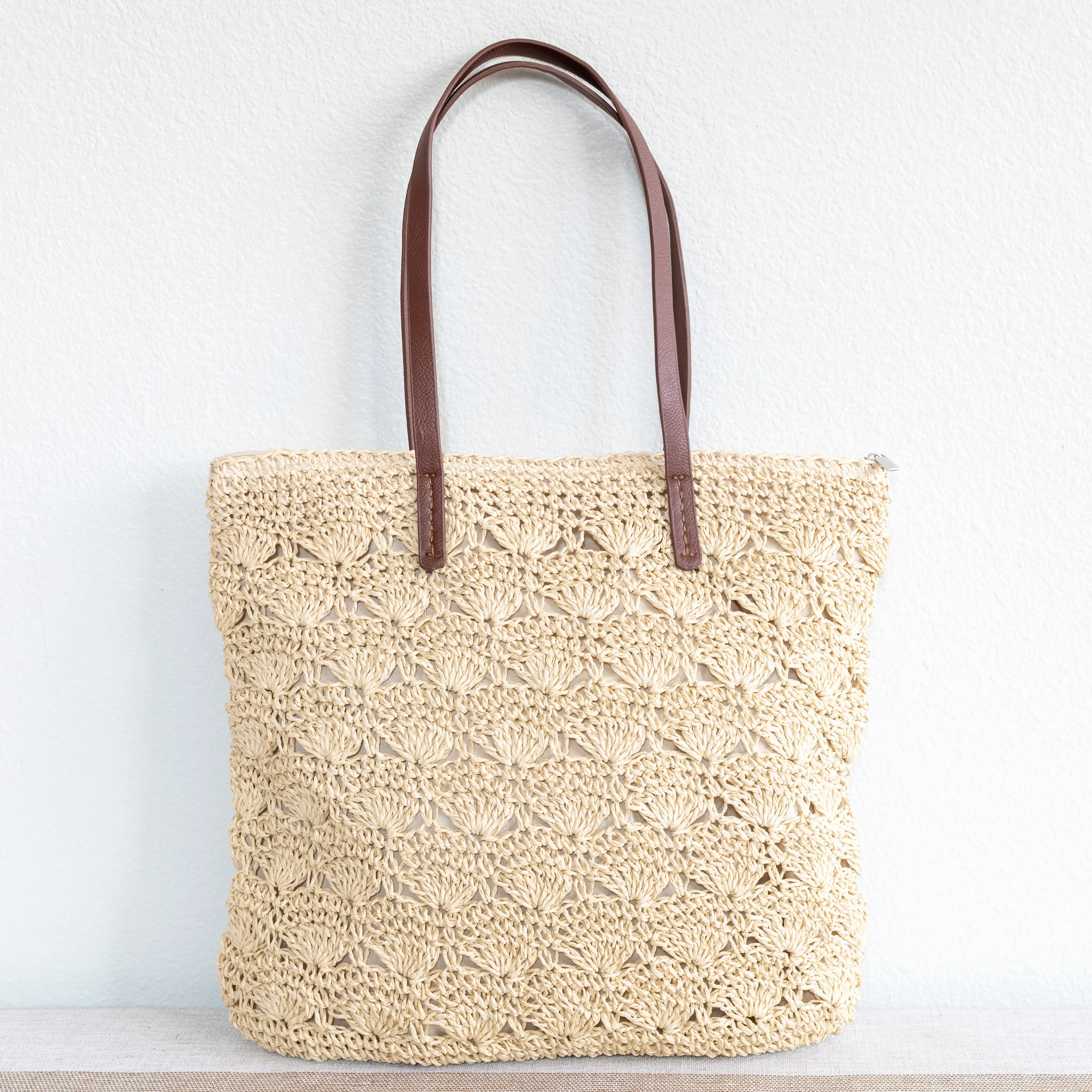 Elena Handbags Straw Woven Summer Fashion Bag with Floral Designs