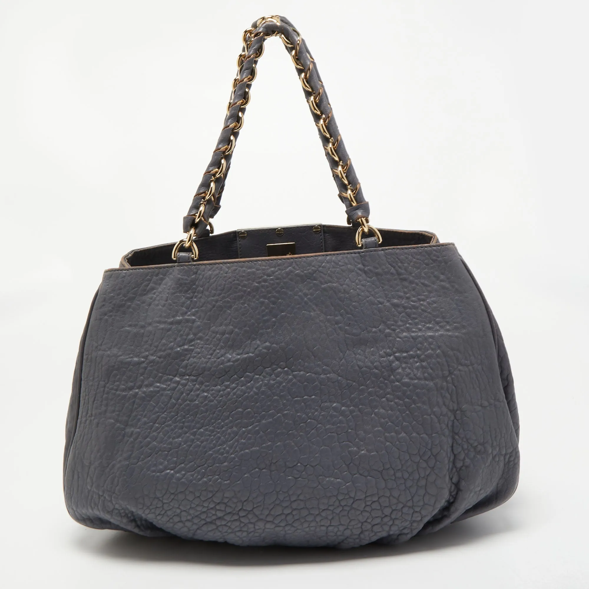 FENDI Light Blue Textured Leather Large Mia Hobo