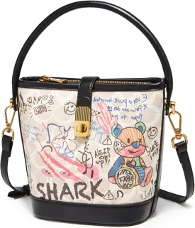 FOXLOVER Leather Bucket Crossbody Bags for Women Graffiti Top-Handle Handbags Small Satchel Purse Trendy Twist Lock