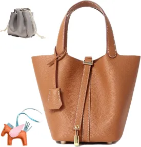Genuine Leather Women's Bucket Bag Fashionable Lock Closure, Elegant Portable Shoulder Bag for Daily Use fashion Female Bag