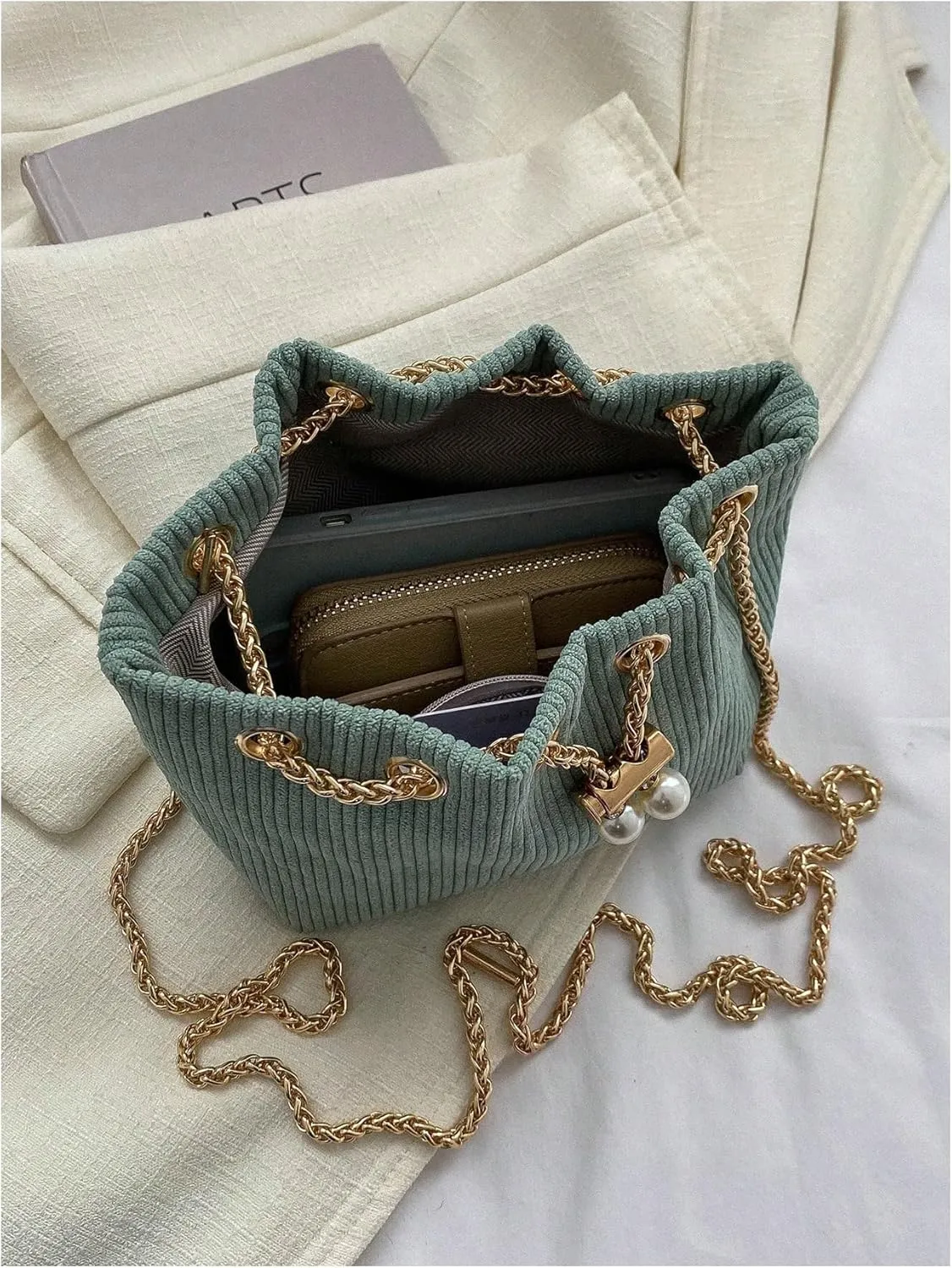 GORGLITTER Women's Pearl Decor Drawstring Crossbody Bag Chain Mini Bucket Handbags