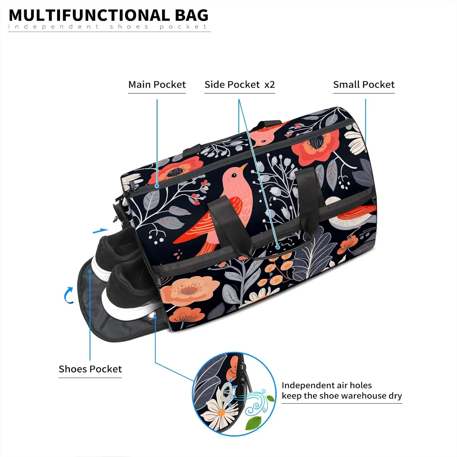 Gym Bag for Women, Carry on Weekender Overnight Bag, Travel Duffel Bags, Personal Item Travel Bag Tote Bag Workout Dance Bag, Chinese Painting Bird - 57