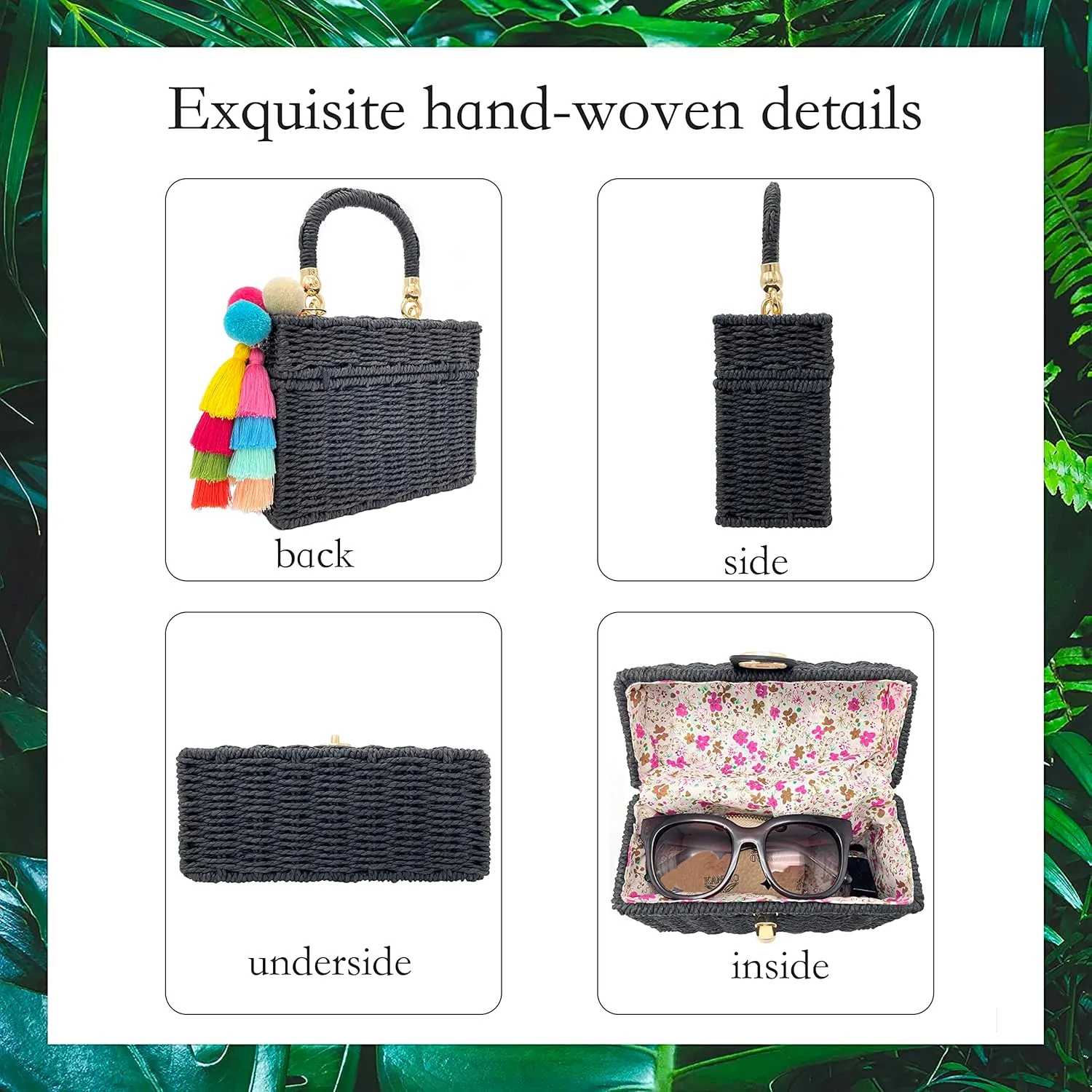 Handwoven Rattan Bag for women-Wicker Woven Square Crossbody vintage Chic Casual Beach Boho Tote Bag with tassel Ornaments