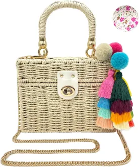 Handwoven Rattan Bag for women-Wicker Woven Square Crossbody vintage Chic Casual Beach Boho Tote Bag with tassel Ornaments