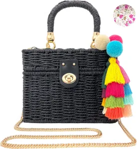 Handwoven Rattan Bag for women-Wicker Woven Square Crossbody vintage Chic Casual Beach Boho Tote Bag with tassel Ornaments