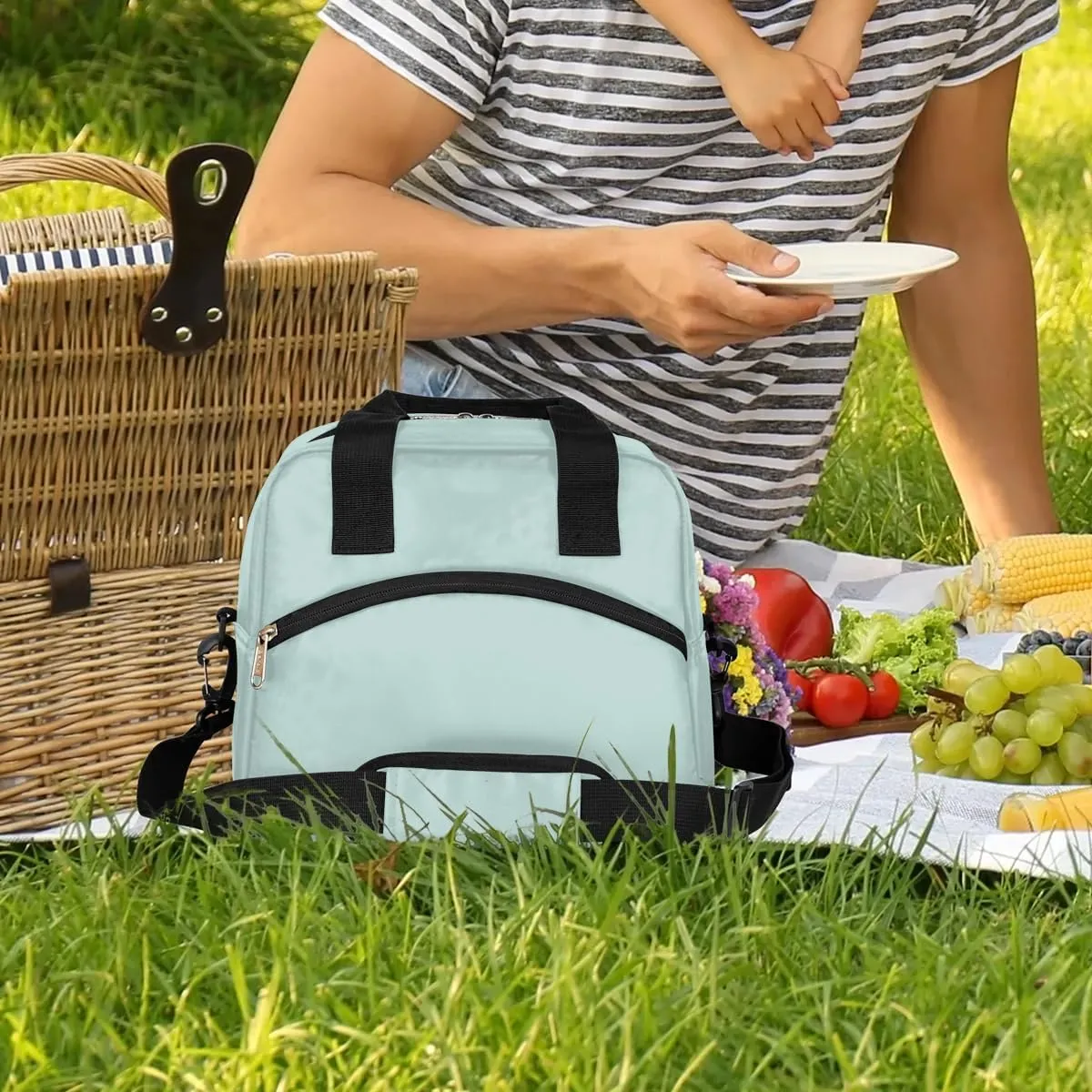 Haze Blue Insulated Lunch Bag for Women Men Reusable Waterproof Lunch Box Cooler Tote Bag One shoulder portable meal bag Portable Adult Lunchbox for Work Picnic Hiking Beach