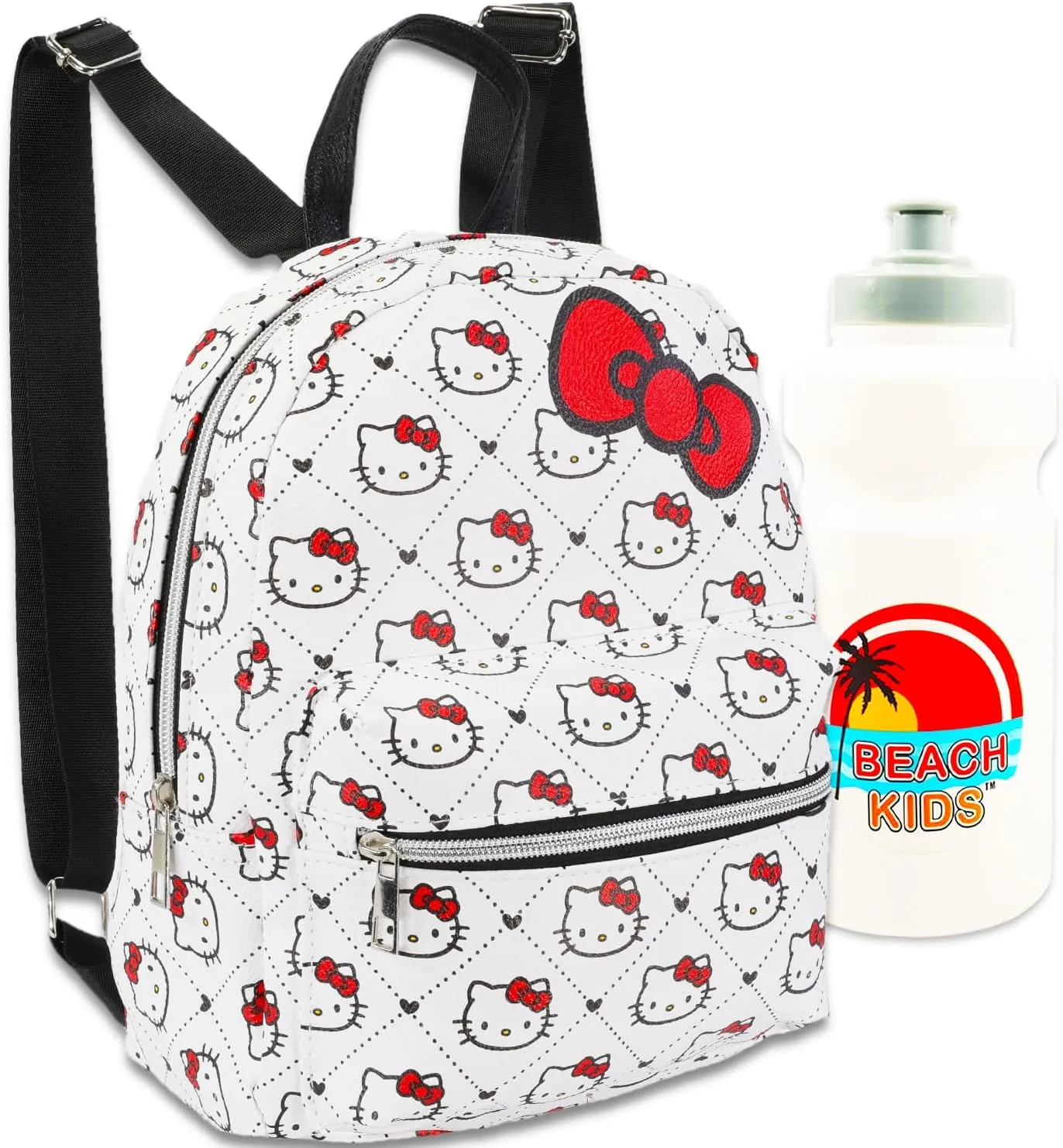 Hello Kitty Mini Backpack for Girls - 10 Faux Leather Hello Kitty Backpack with Front Pocket Plus Bottle | Hello Kitty Backpack Bundle