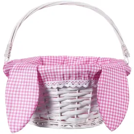 Hushee Willow Easter Bunny Basket 11"7" Wicker Easter Gift Baskets with Folding Handle Plaid Liners for Kids Toys Eggs Hunt Wood Bunny Bucket Decorations(Pink and White Plaid)