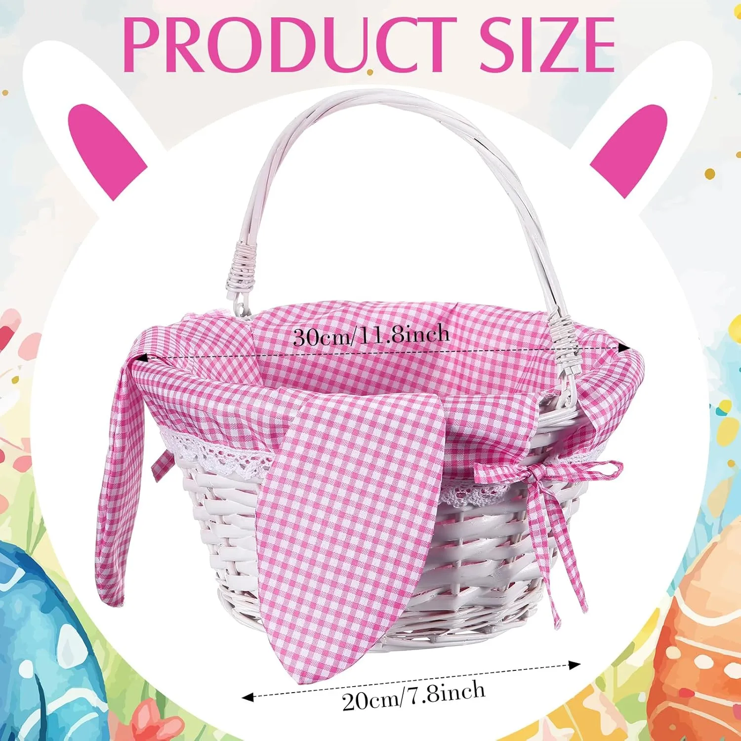Hushee Willow Easter Bunny Basket 11"7" Wicker Easter Gift Baskets with Folding Handle Plaid Liners for Kids Toys Eggs Hunt Wood Bunny Bucket Decorations(Pink and White Plaid)