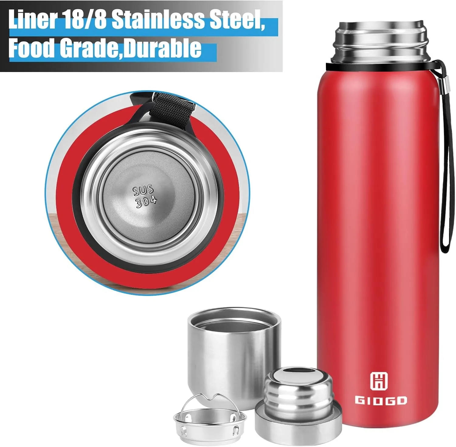 Insulated vacuum Thermo Bottle 750ml/25.4oz with cup Stainless steel coffee bottles for hot and cold drink water flask.(Red,750ml)