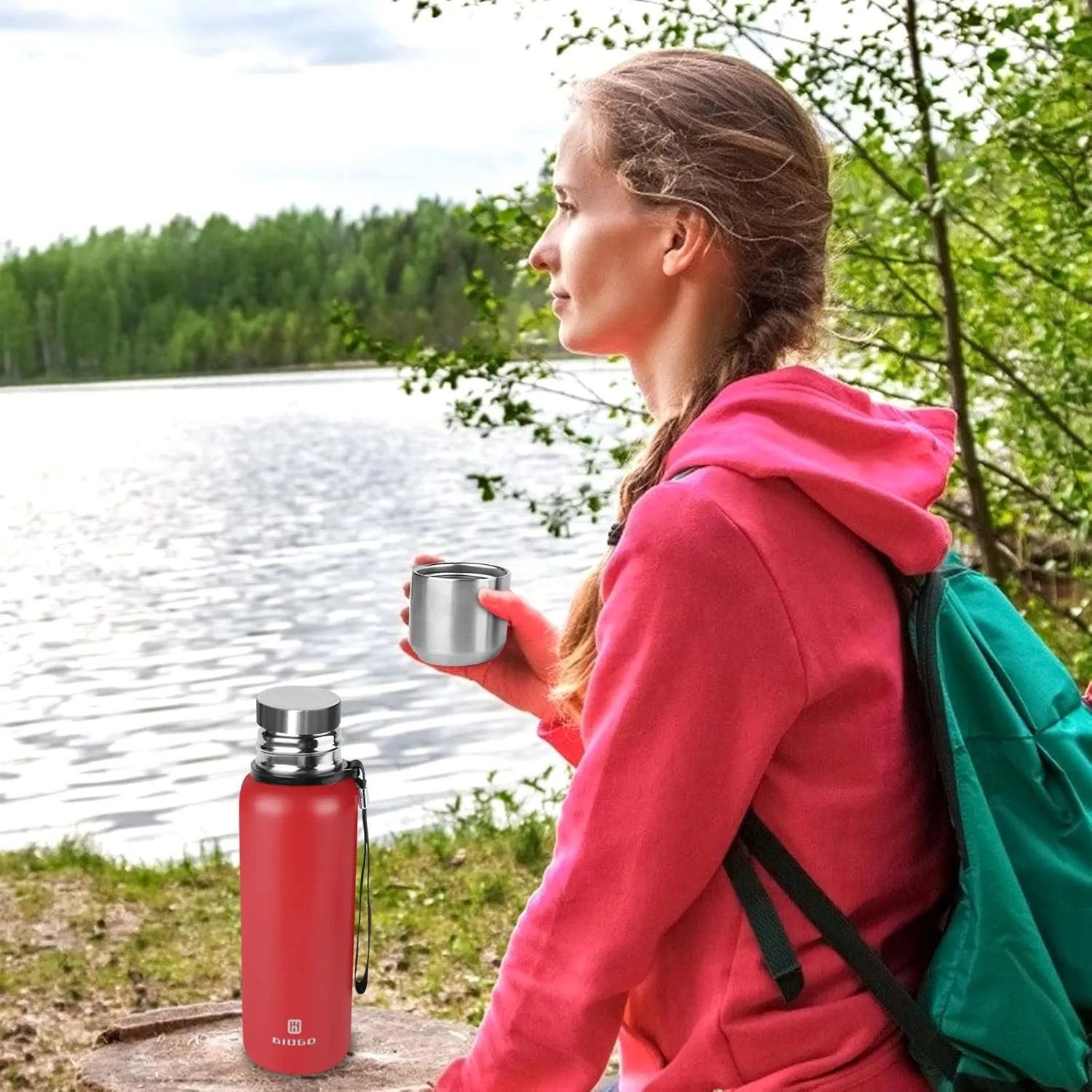 Insulated vacuum Thermo Bottle 750ml/25.4oz with cup Stainless steel coffee bottles for hot and cold drink water flask.(Red,750ml)