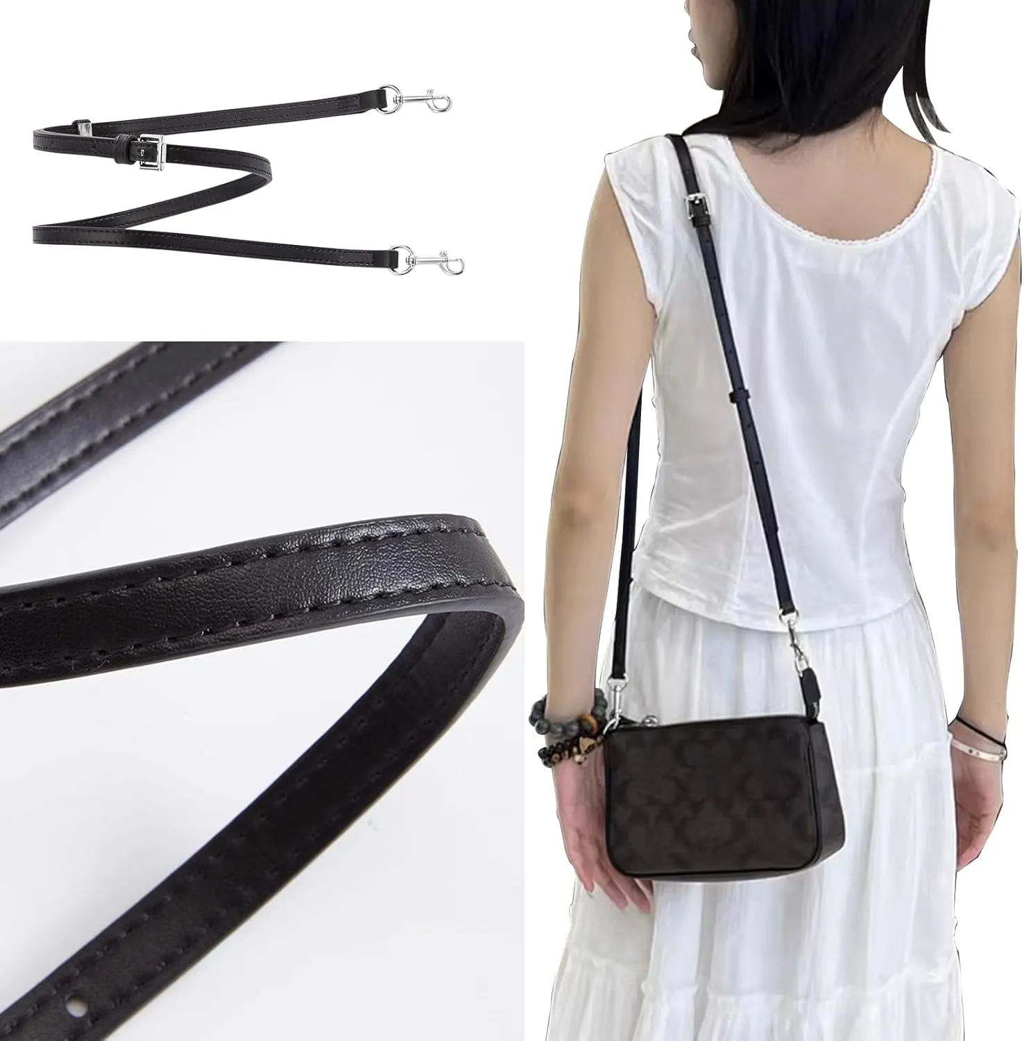 jiesinlov Microfiber Leather Purse Shoulder Straps Crossbody Adjustable Replacement for Swinger Nolita Barrel Penn Handbag or Bucket Bag(BLACK-SLIVER)