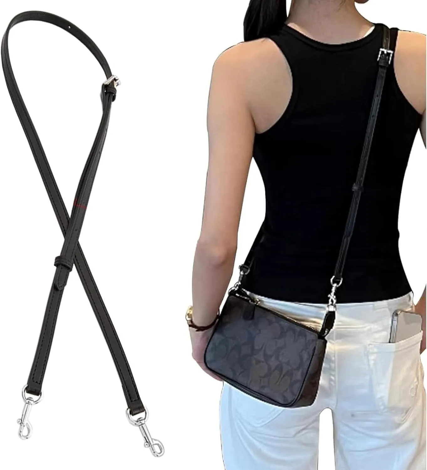 jiesinlov Microfiber Leather Purse Shoulder Straps Crossbody Adjustable Replacement for Swinger Nolita Barrel Penn Handbag or Bucket Bag(BLACK-SLIVER)