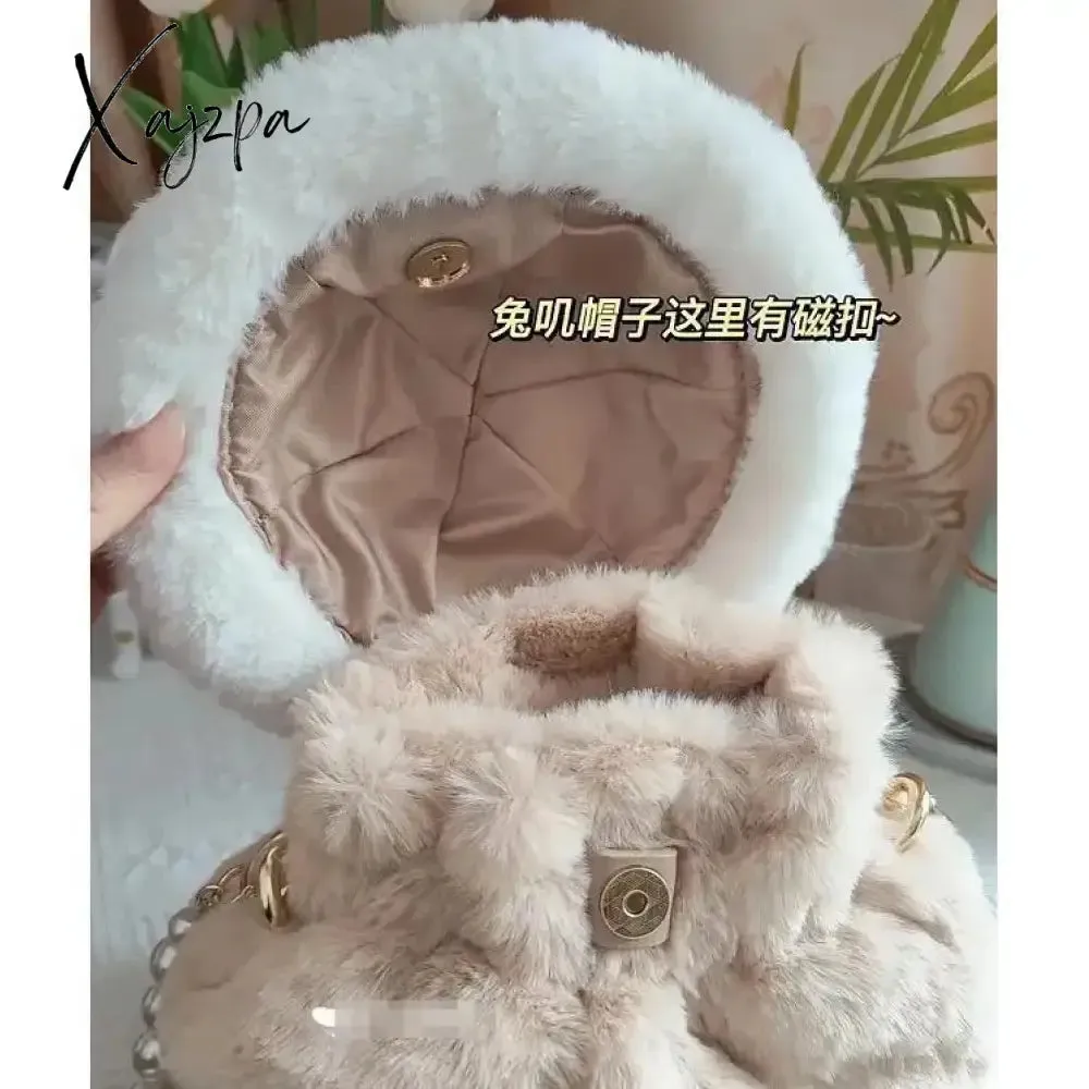 Kawaii Japanese Bag Autumn and Winter Soft Plush Storage Bag Women Bag Messenger Bag Cute Bunny Ears Large Capacity Tote Bag